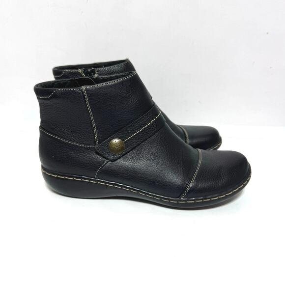 Clarks Collection Women’s Black Leather Side Zip Strap Accent Ankle Boots 7.5 M - Picture 1 of 10
